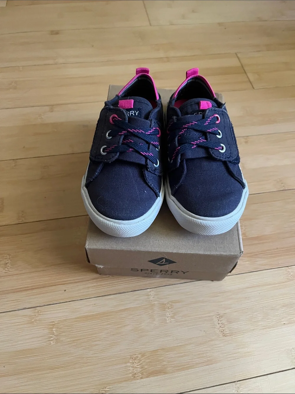 Sperry Kids Navy Canvas Sneakers with Hot Pink Accents